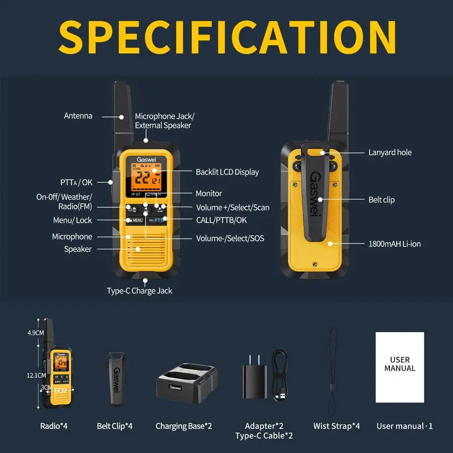 HeavyDuty Walkie Talkies IP67 Waterproof TwoWay Radios with NOAA Weather Alert amp Floating 2Watt Long Range for Job Sites, Hunt