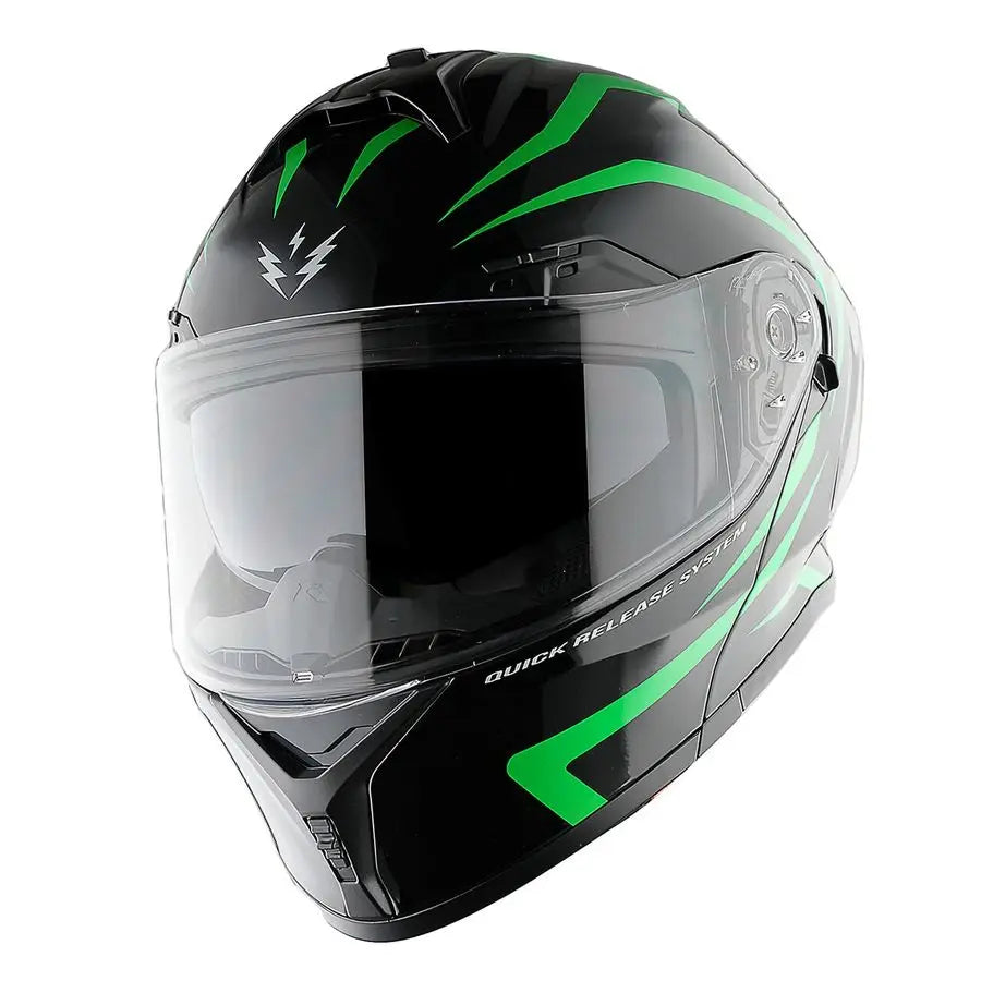 New Motorcycle Bike Modular Full Face Helmet Dual Visor Sun Shield with Rechargeable LED Tail Light LEDX90 Arrow Green