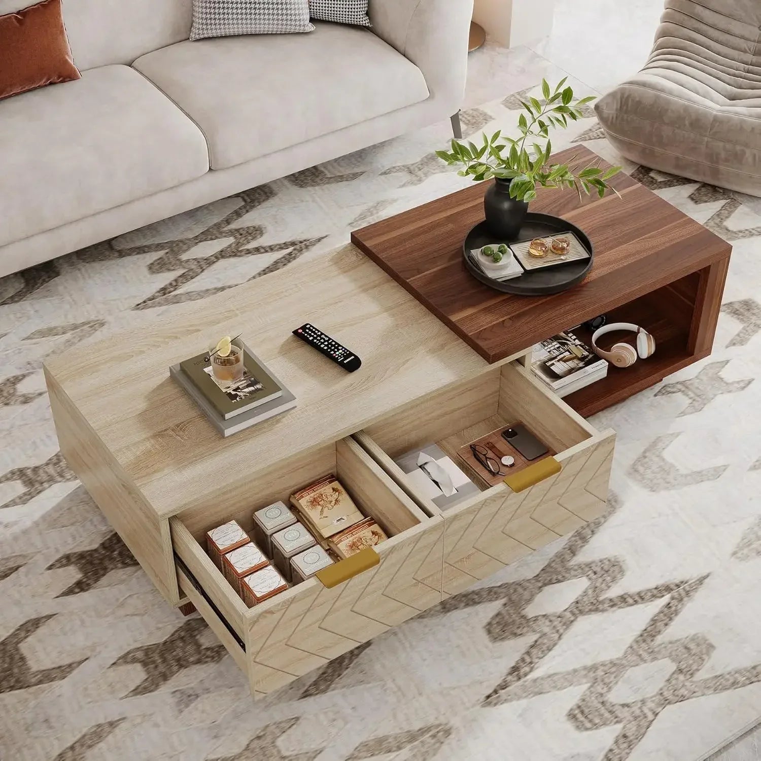 Extendable Coffee Table,Length Adjustable Reversible Wood Coffee Table with 2 Storage Drawers,Rectangular Dual-Tone Center Table