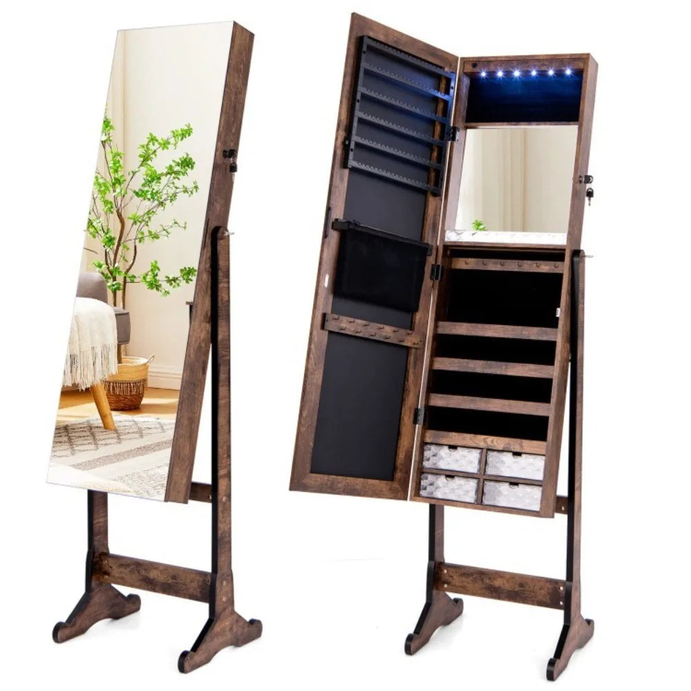Jewelry Storage Cabinet Armoire FreeStanding Full Length w/ LED Lighted Mirror