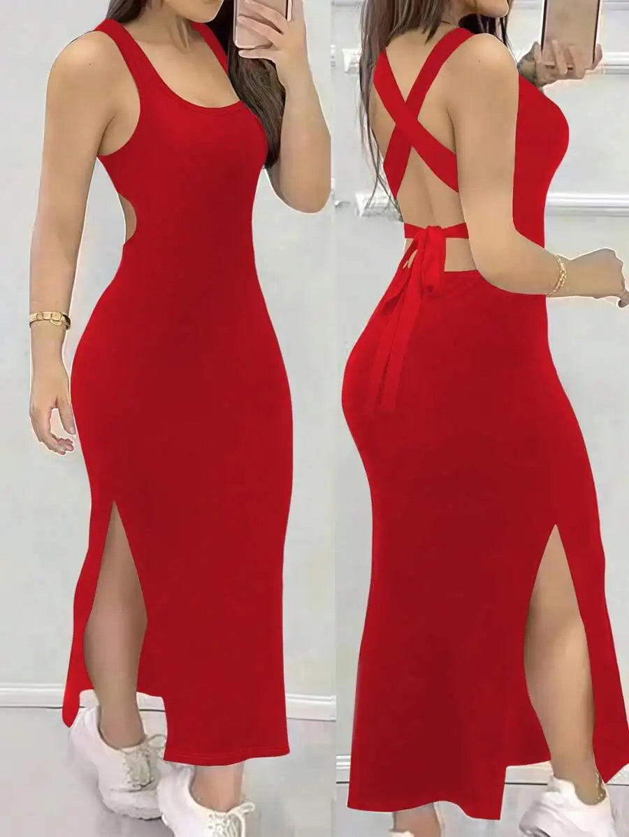Sexy Backless Criss-Cross Strap Slit Midi Dress for Night Out