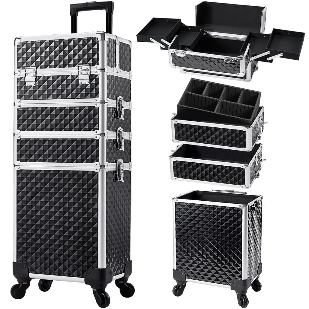 Large Rolling Makeup Case with Swivel Wheels, 4-in-1 Cosmetic Organizer for Travel and Salon Storage