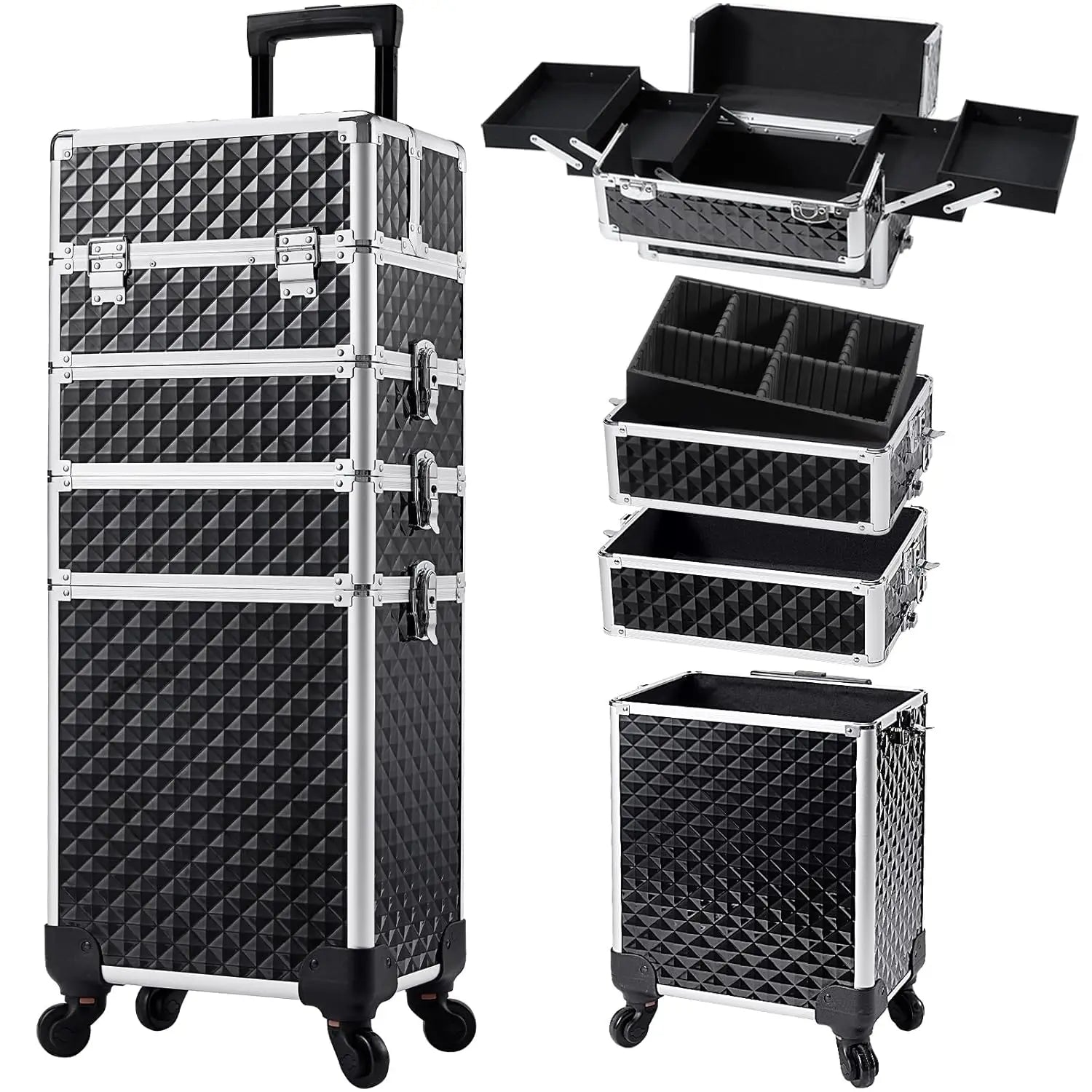 Large Rolling Makeup Case with Swivel Wheels, 4-in-1 Cosmetic Organizer for Travel and Salon Storage