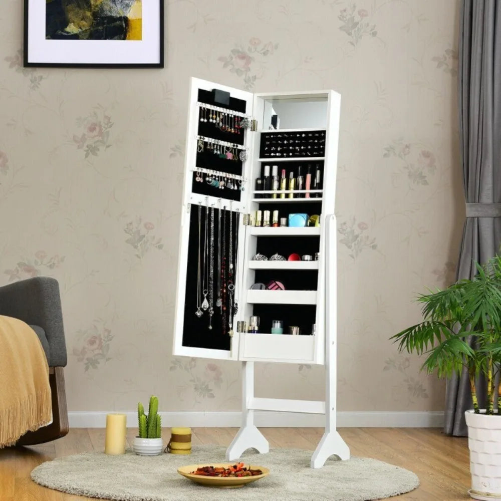 Jewelry Cabinet Armoire Storage Organizer Free Standing Full Mirror w/LED Lights