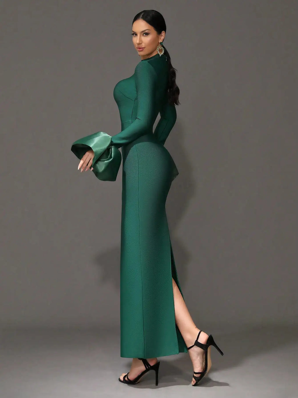 Emerald Green Long Sleeve High Neck Evening Dress with Flared Cuff and Mermaid Silhouette