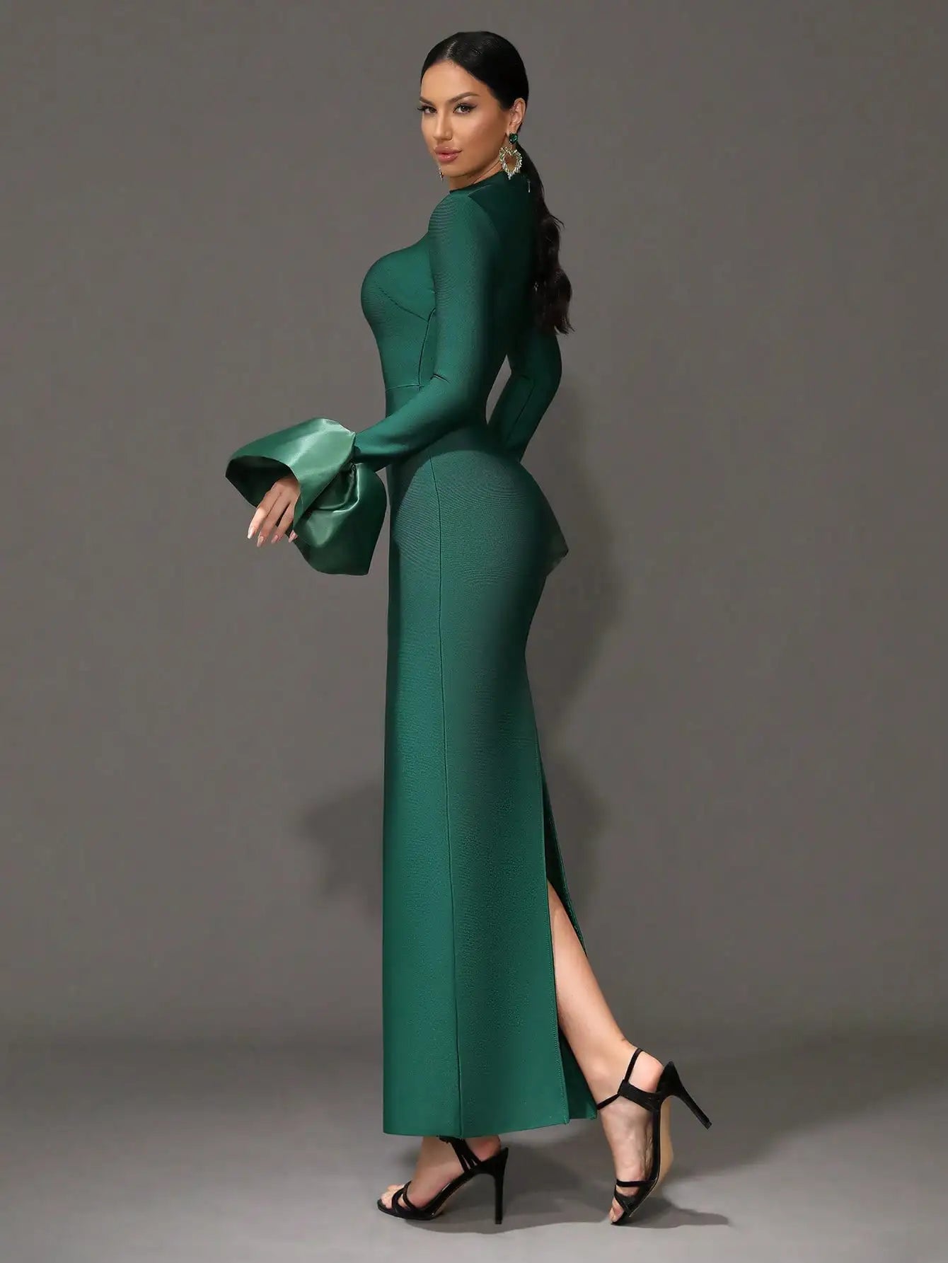 Emerald Green Long Sleeve High Neck Evening Dress with Flared Cuff and Mermaid Silhouette