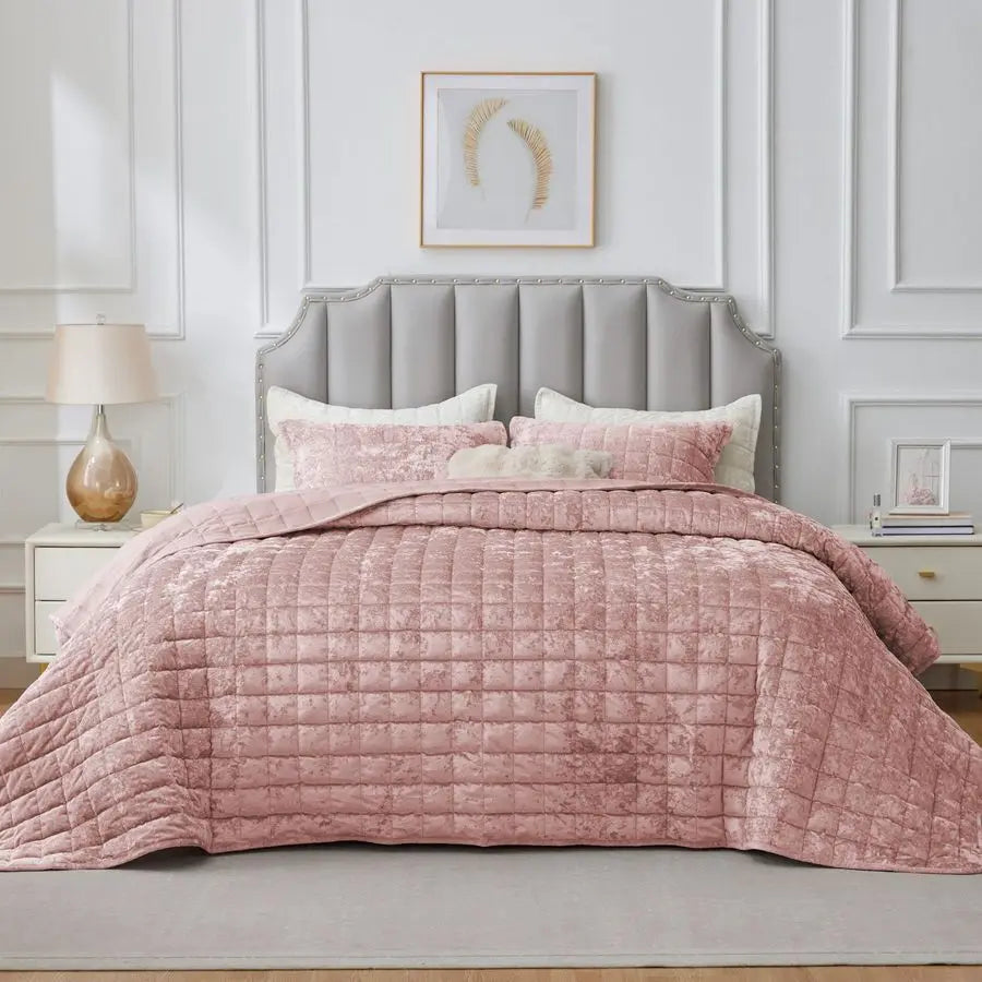 Velvet Quilt Set King Size Luxury Velvet Comforter Bedding Set 3 Pieces, Soft Cozy Dusty Pink Oversized Bedspread Coverlet Valen