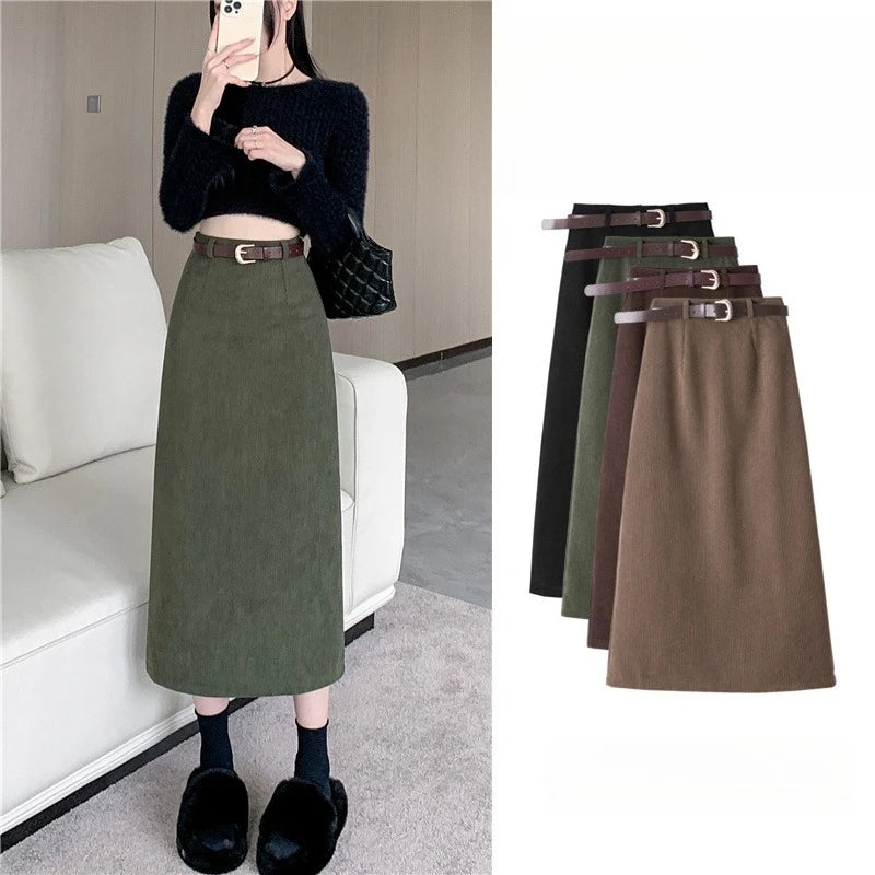 2025 New Autumn Winter Vintage Women's Corduroy A-Line Skirts with Belted Solid Korean Office Straight Wrap Midi Skirts Female