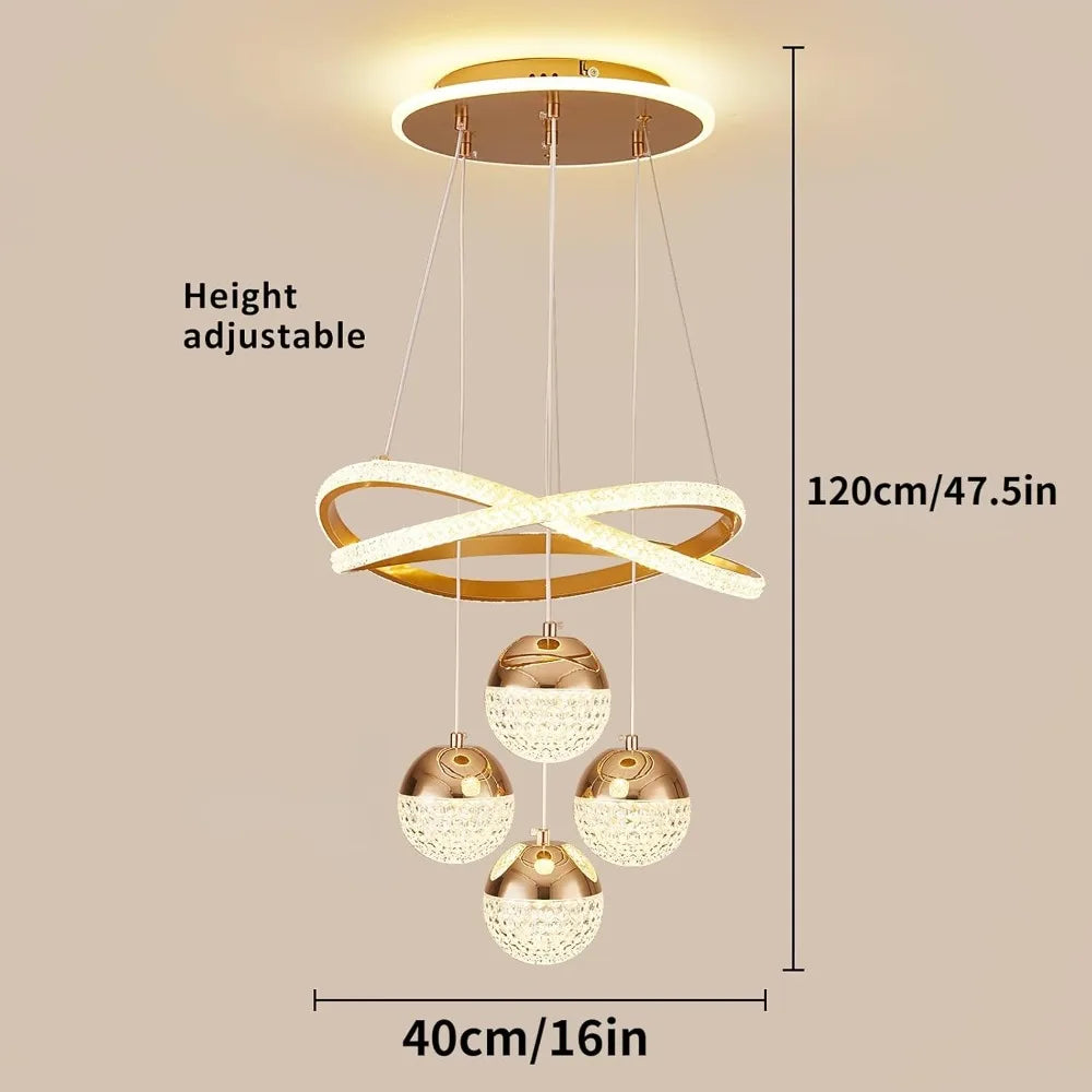 Modern Gold LED Chandelier, 3-Color Dimmable Pendant Light for Kitchen Island, Dining Room, Living Room
