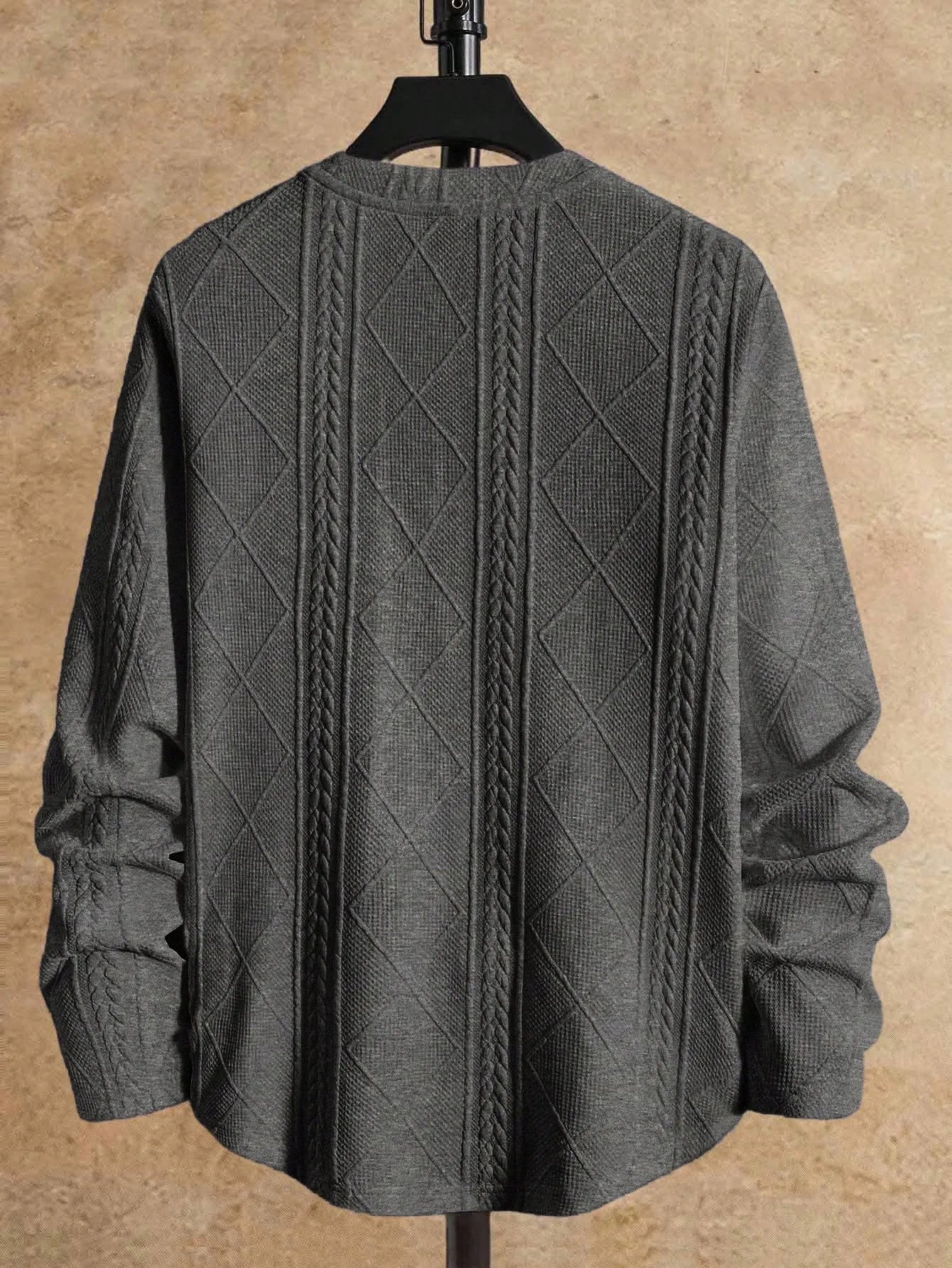 Gray Knitted Long Sleeve T-Shirt with Cable & Diamond Pattern, Casual Round Neck Design