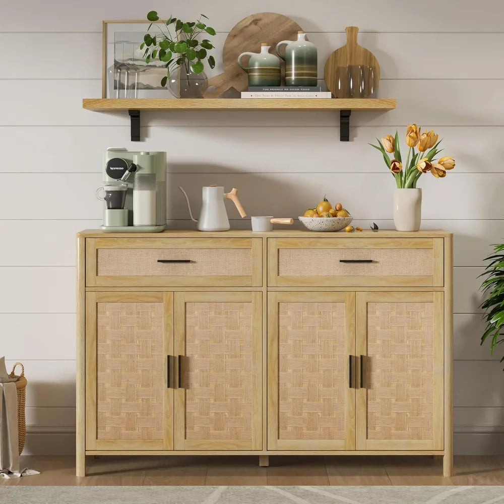 Sideboard with Storage, 55" Large Buffet Cabinet, Wood Coffee Bar, Storage for Kitchen, Dining, Living Room, Natural,Customized