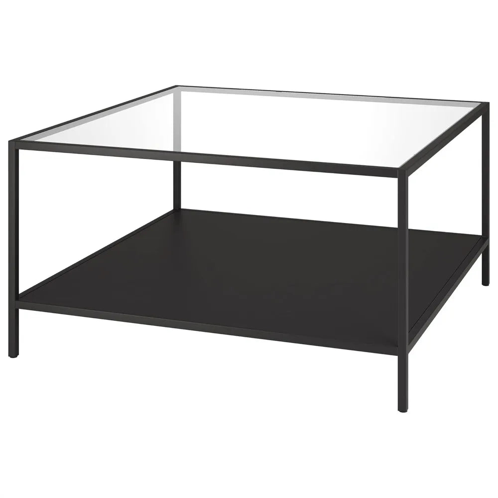 Square 32 Wide Coffee Table with Metal Shelf in Blackened Bronze, Modern coffee tables for living room, studio apartment.