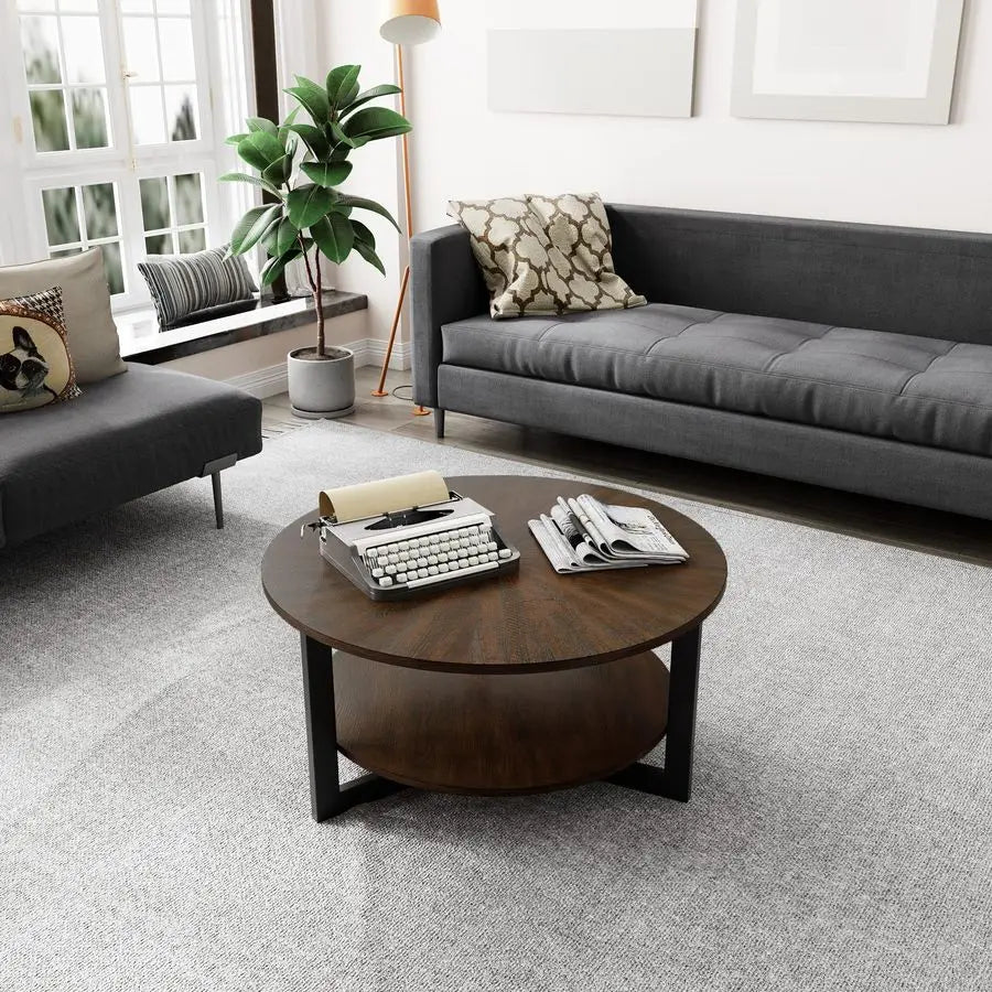 Round Coffee Table with Storage Shelf, Farmhouse Living Room Cocktail Black Metal Legs, Circular Solid Wood Center Tea Table, So