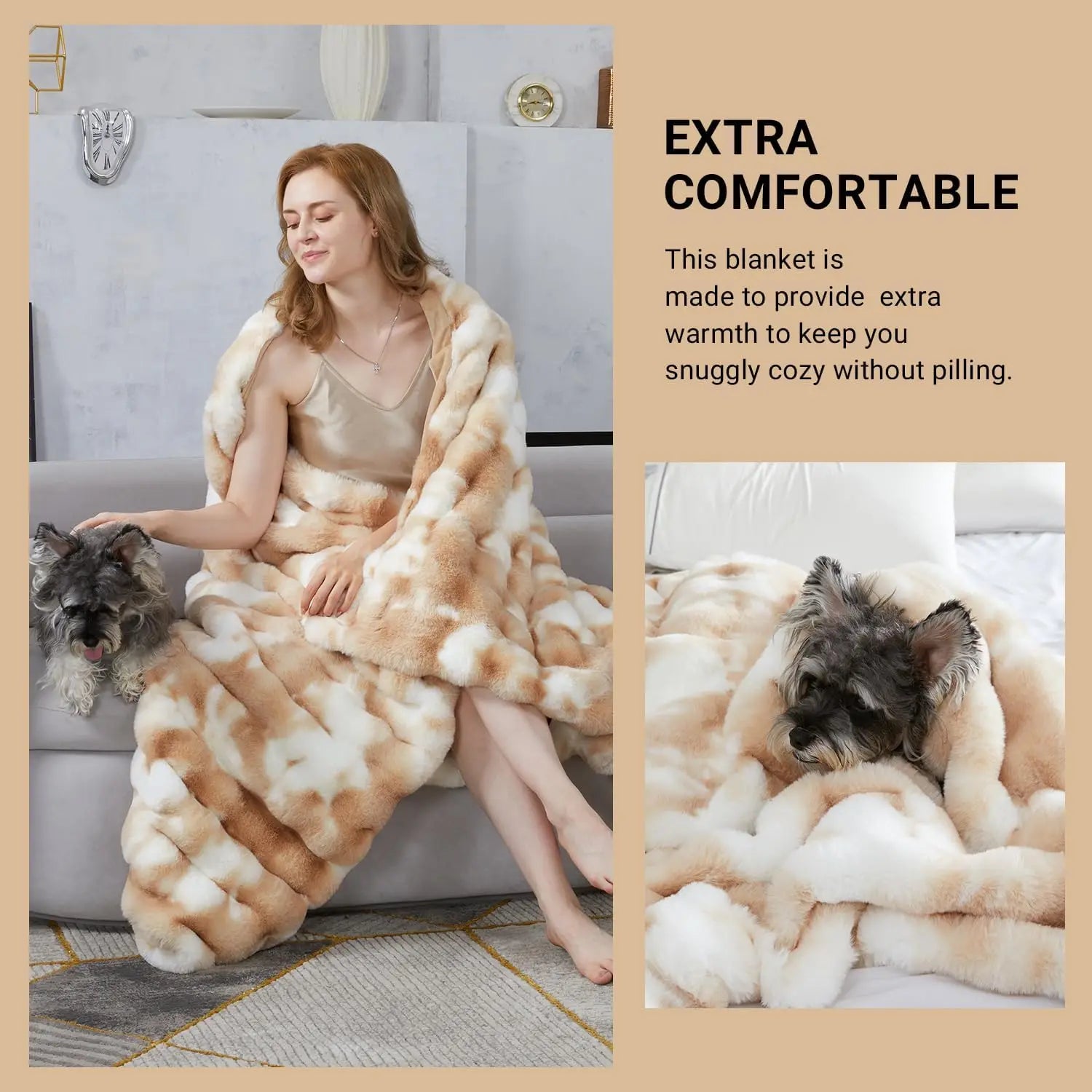 Fluffy Faux Fur Bubble Throw Blanket 60x80" Tie Dye Khaki, Soft Cozy Sofa Bed Decor Gift