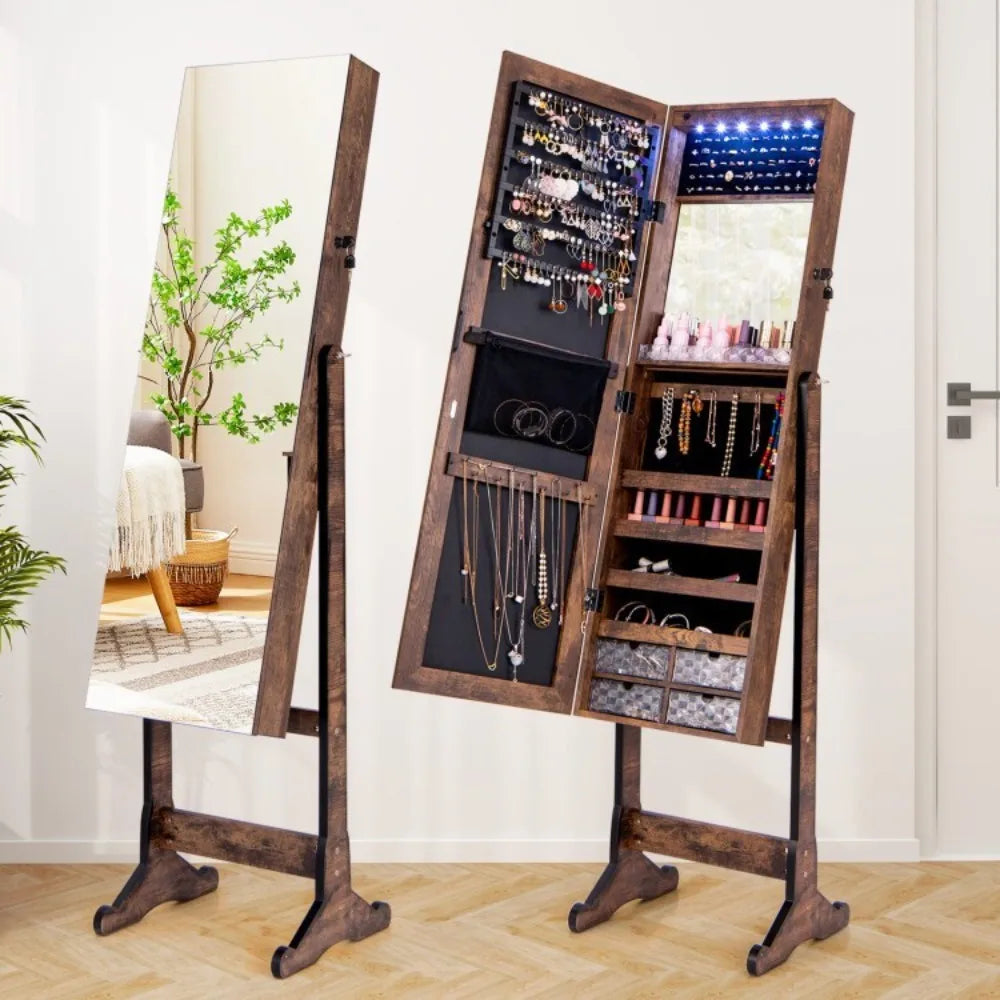Jewelry Storage Cabinet Armoire FreeStanding Full Length w/ LED Lighted Mirror