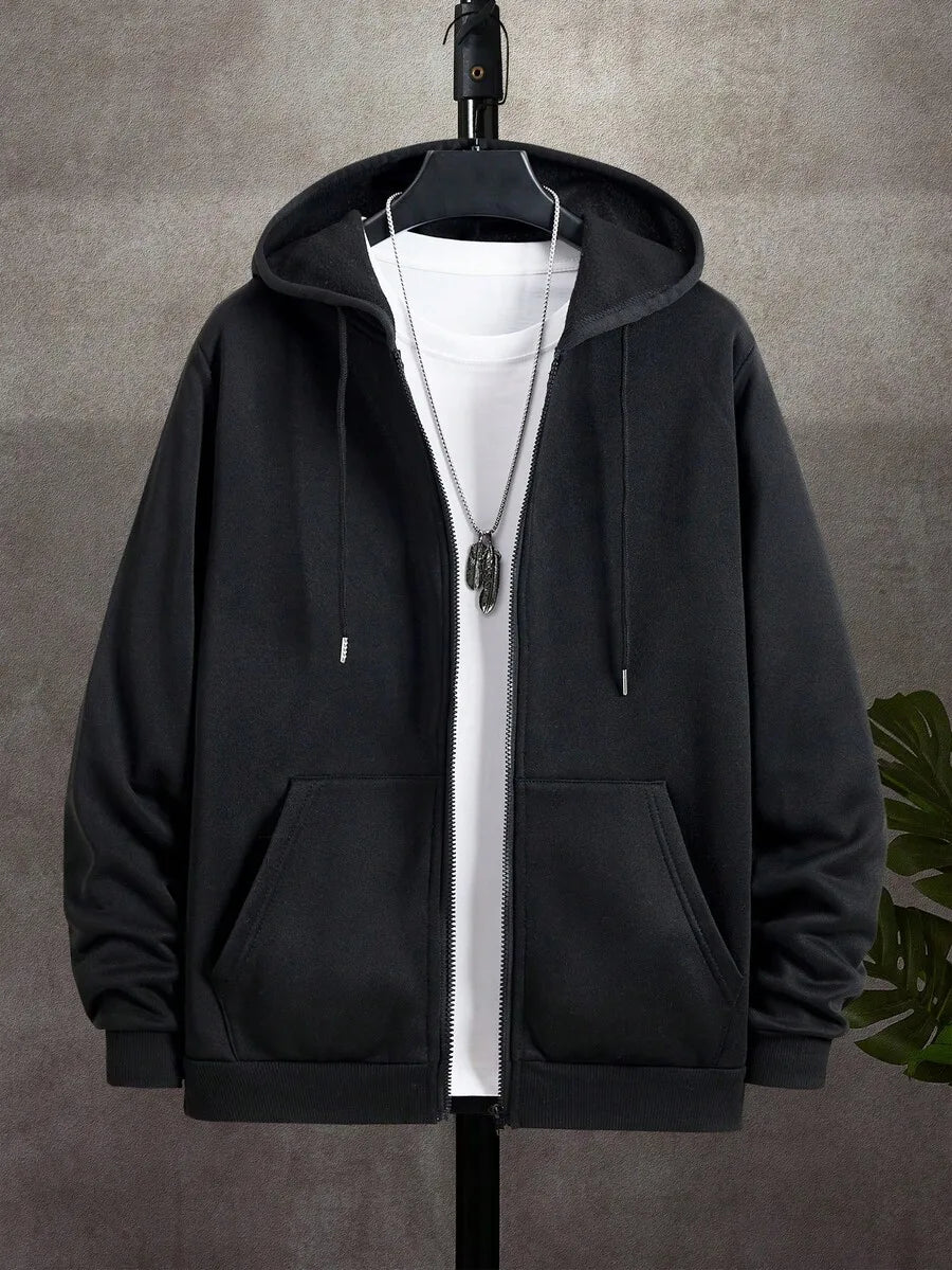 Men's Casual Zip-Up Hoodie with Drawstring, Long Sleeve, Autumn Outdoor Wear