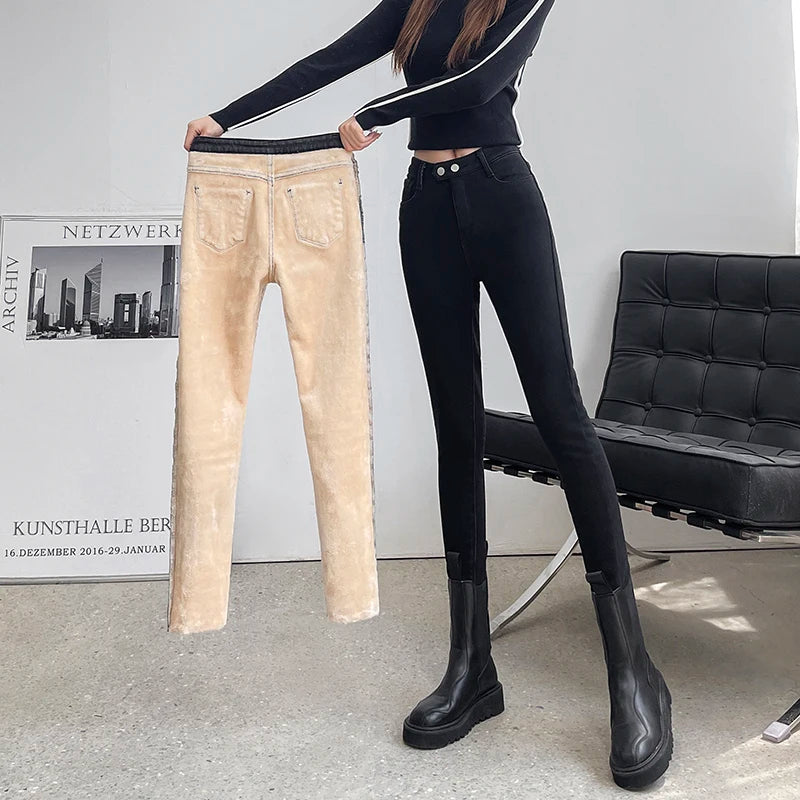 Women's Winter Fleece Jeans Skinny Stretch Thickened Warm velvet Ankle Length Pants Retro Fashion Blue Black Gray Leggings