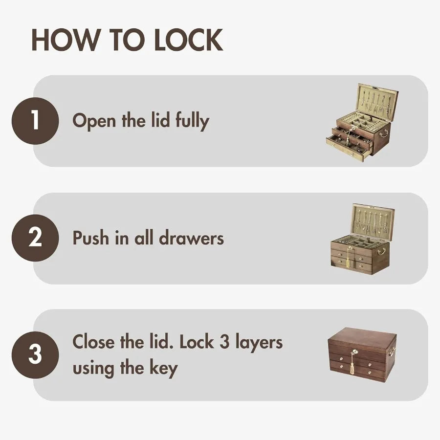 Wooden Jewelry Box with Lock and Key for Women 2 Drawers Medium Size Real Natural Wood Lockable Antique Organizer with Large St