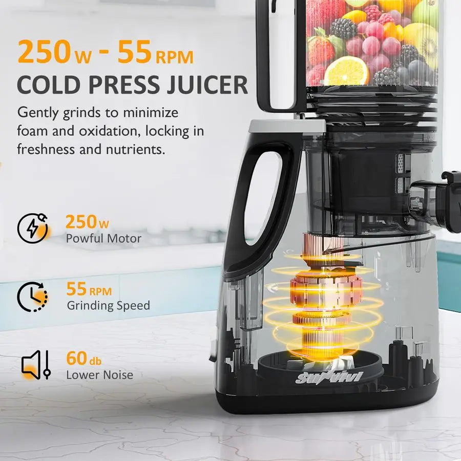 Cold Press Juicer with 5.9 Wide Feed Chute, 250W Slow Masticating Juicer Machines Fit Whole Vegetables amp Fruits, Easy to Clean