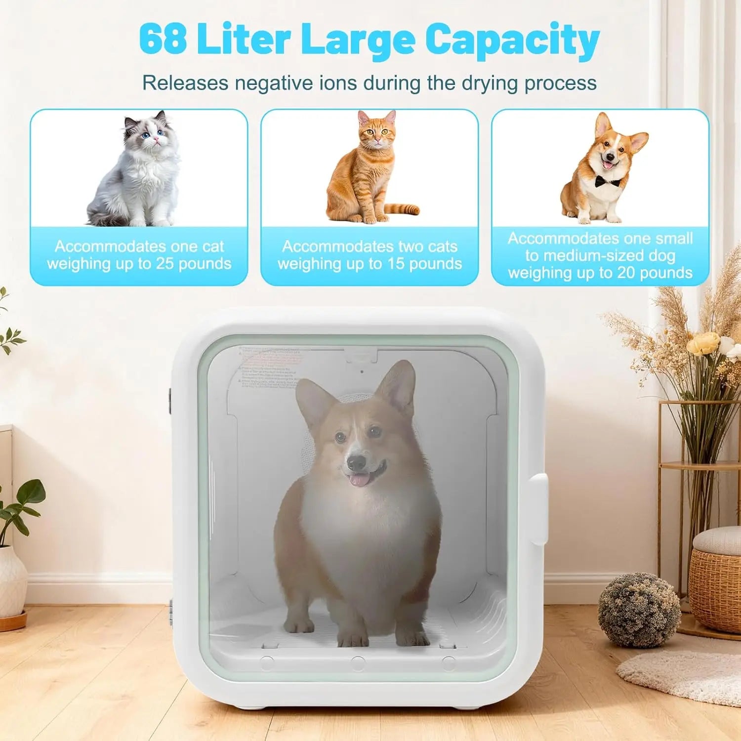 62L Pet Dryer Box for Cats and Small Dogs 【Fastest 15-Minute Drying】, 35dB Ultra Quiet Automatic Cat Dryer Box,, Customized