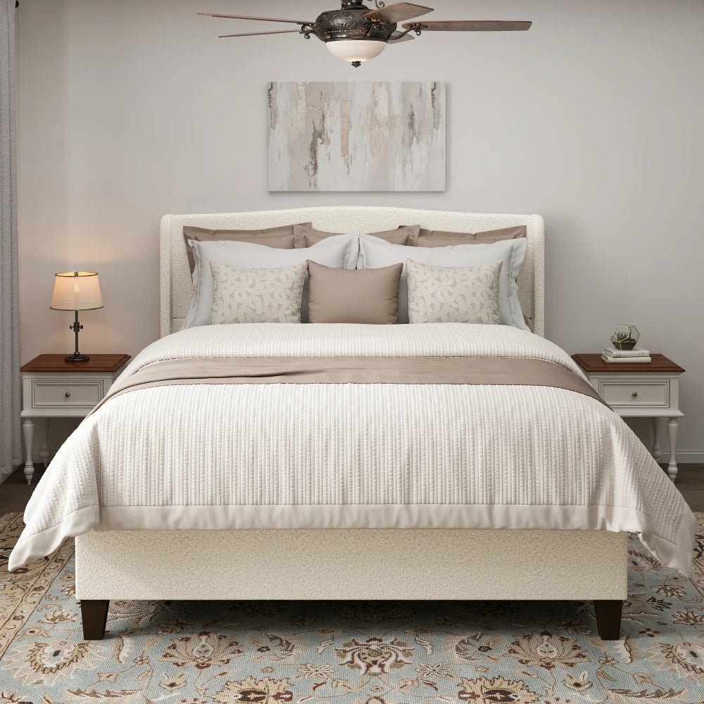 King Size Bed Frame:49.21" High Upholstered Headboard,27.17" Footboard,Teddy Velvet,12 Slats,Wood Feet,No Box Spring Needed(Whit