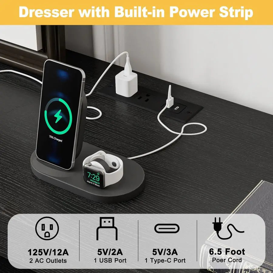 12 Drawer Dresser with LED Lights, 71 Wide Large Chest of Drawers for Bedroom, Modern Wood Dresser Storage Organizer with Charg