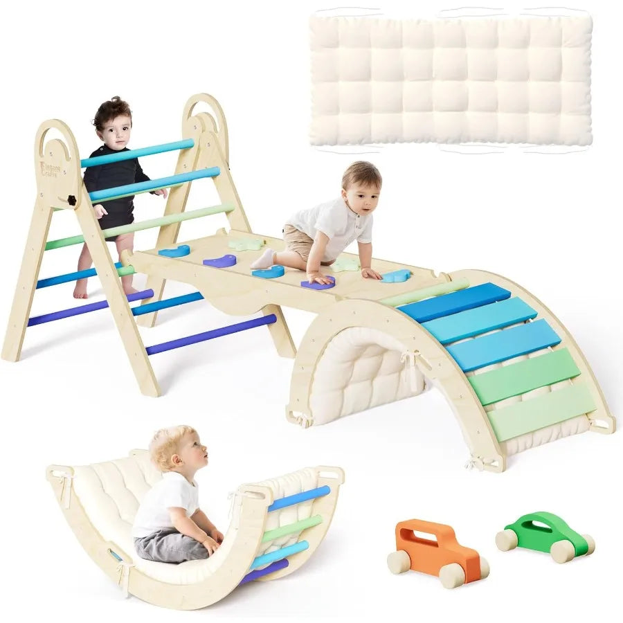 Pikler Triangle Set with Cushion Montessori Climbing Set Indoor Climb Toys Indoor Playground Jungle Gyms 9 Combinations Climbin