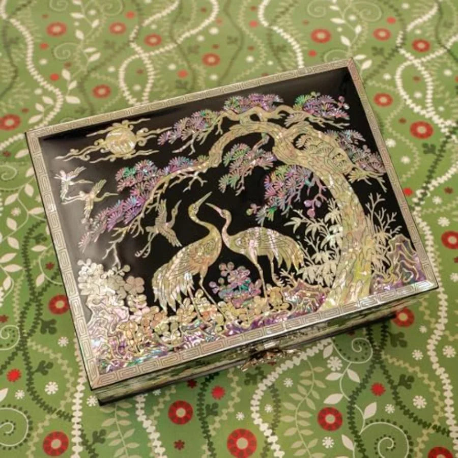 Mother-of-Pearl Crane Jewelry Box Wooden Make Two-Layer Velvet Interior Mirror Lid Lacquer Finish Handmade Korean Art Valentine