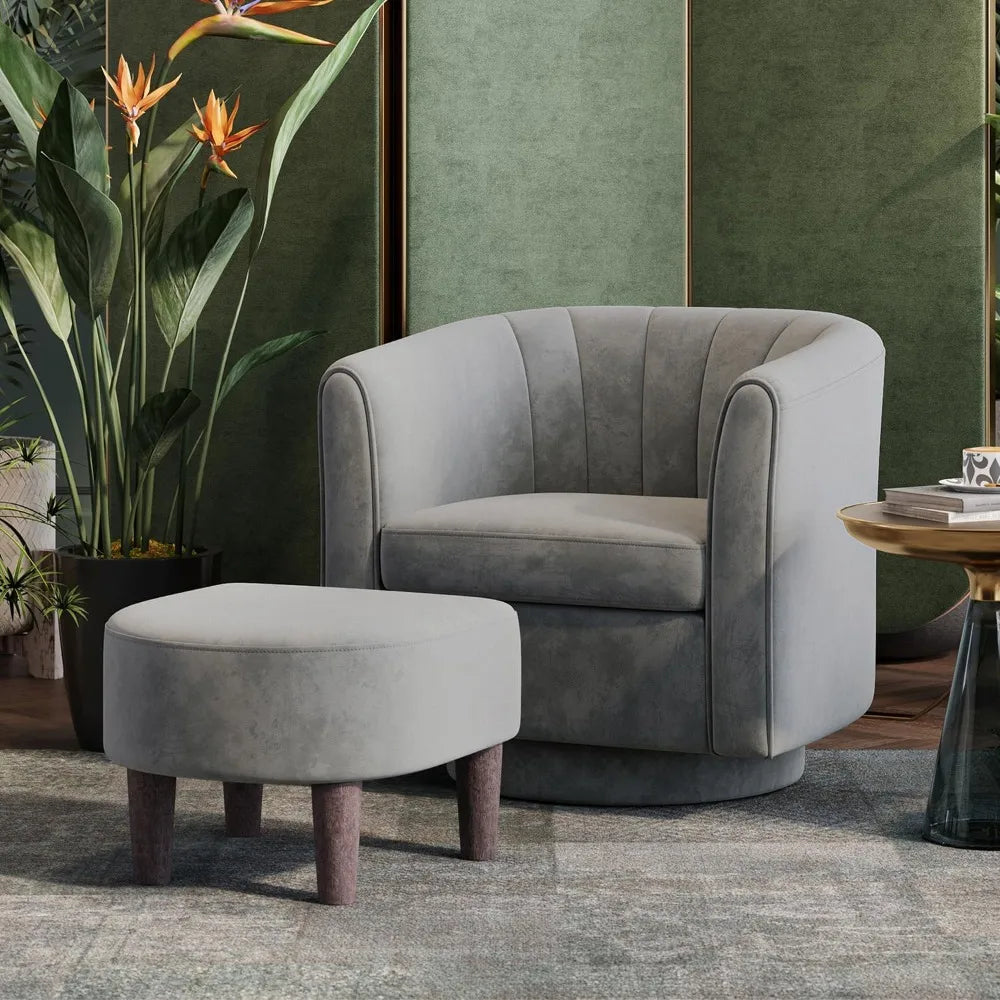Swivel Accent Chair Ottoman Set: Velvet Small Barrel Chair with Foot Rest, Modern Reading Chair Upholstered Armchair