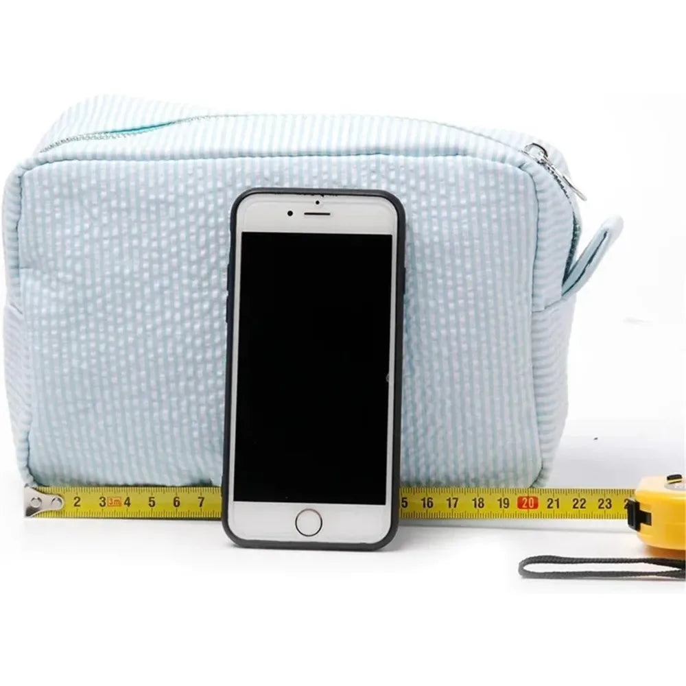 Seersucker Ruffle Cosmetic Bags Striped Storage Make Up Bags for Women Lady with Zipper Travel Bag Makeup Bag