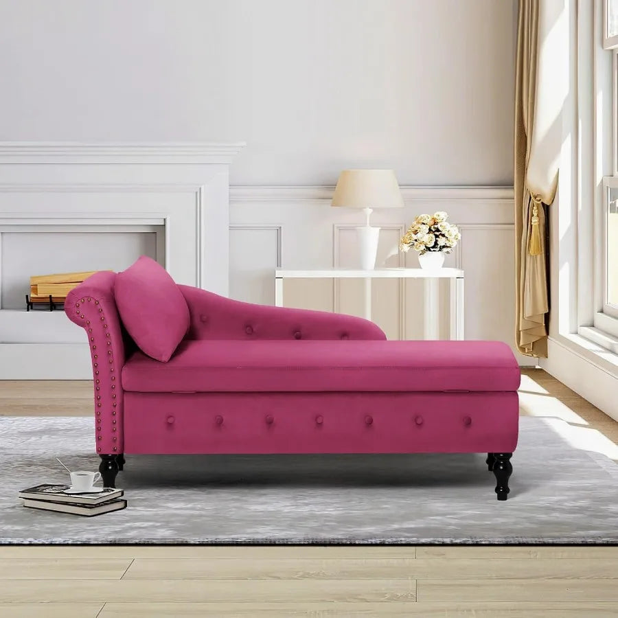 Modern Fuchsia Velvet Chaise Lounge with Left Armrest and Builtin Storage Space Button Tufted Upholstered Lounge Chair with Lum