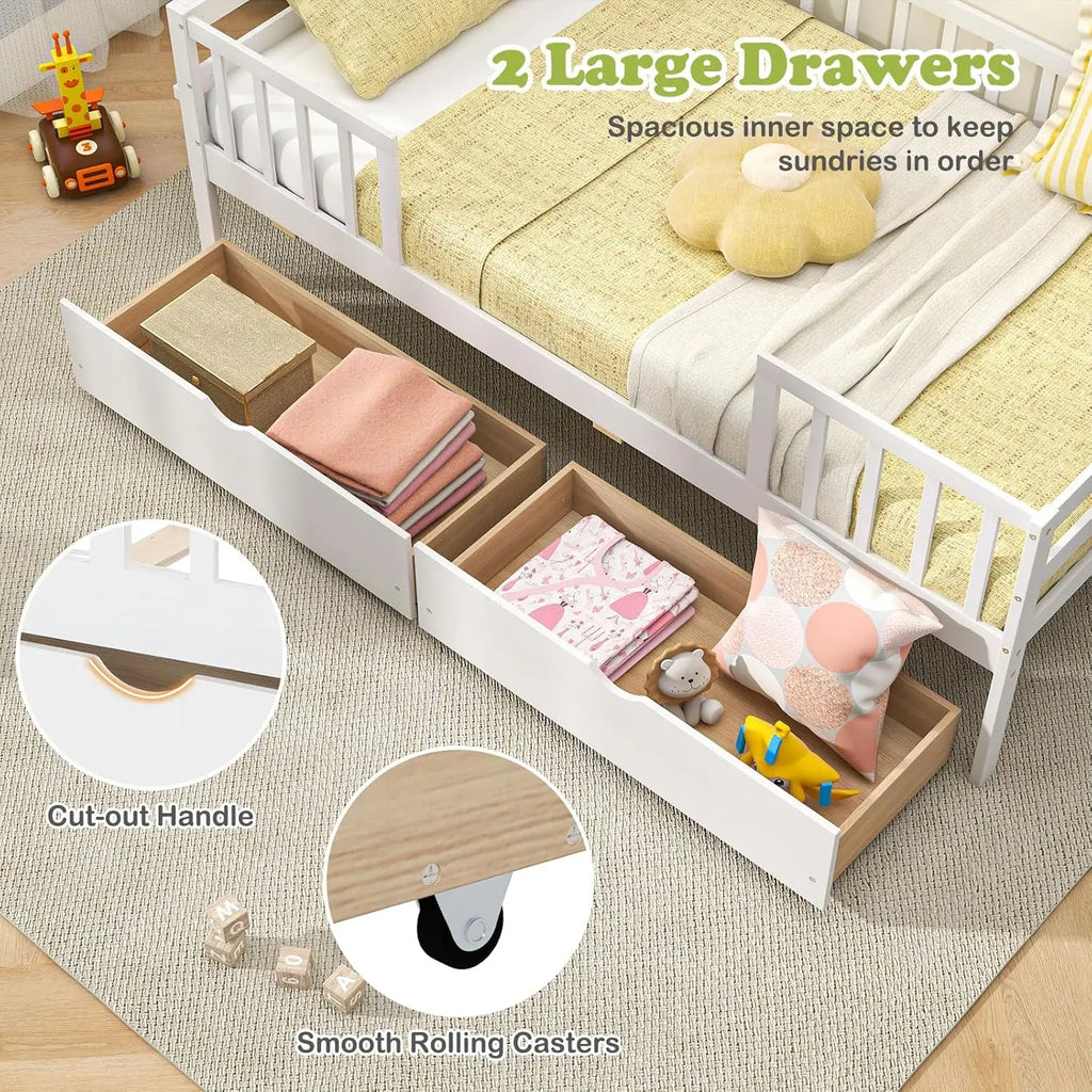 Twin Kids Bed with Storage Drawers, Wood Montessori Bed with Rails & Side Shelf, Low Daybed for Boys Girls, No Box Spring Needed