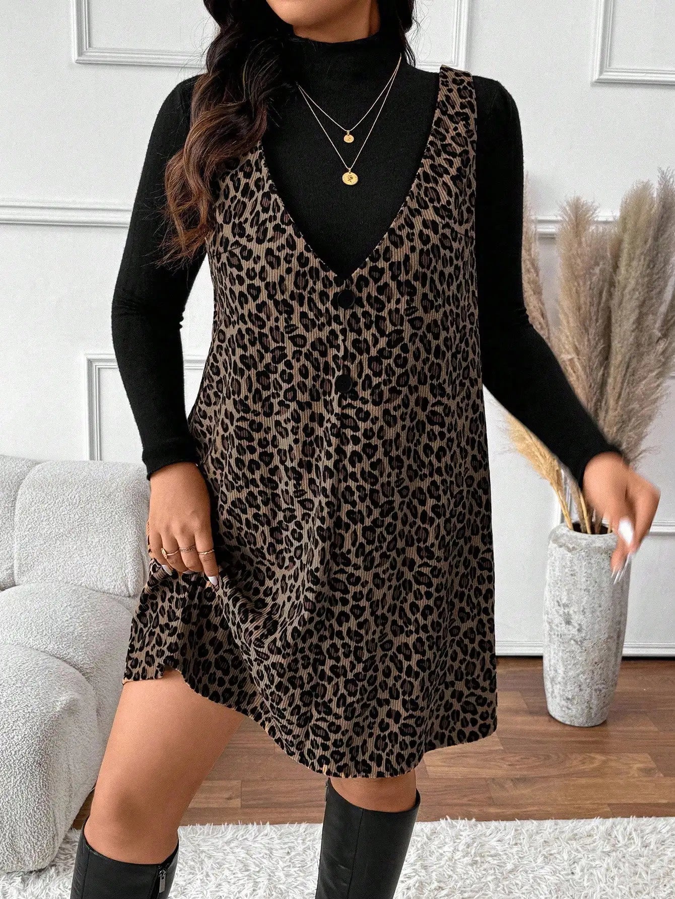Frenchy Women Plus Size Solid Stand Collar Long Sleeve T-Shirt And Leopard Print Suspender Dress Casual 2 Pieces Set