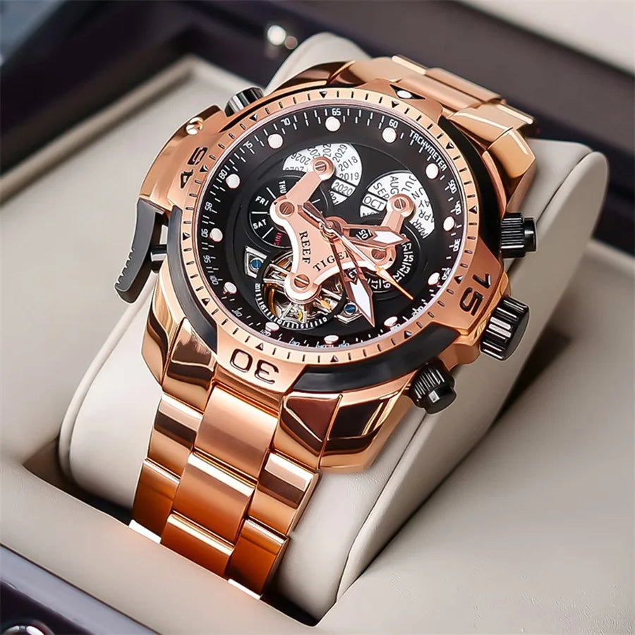 【REEF TIGER】 Men's watch: The weight king mechanical watch, luminous King fully automatic watch, skeletonized large dial men's w