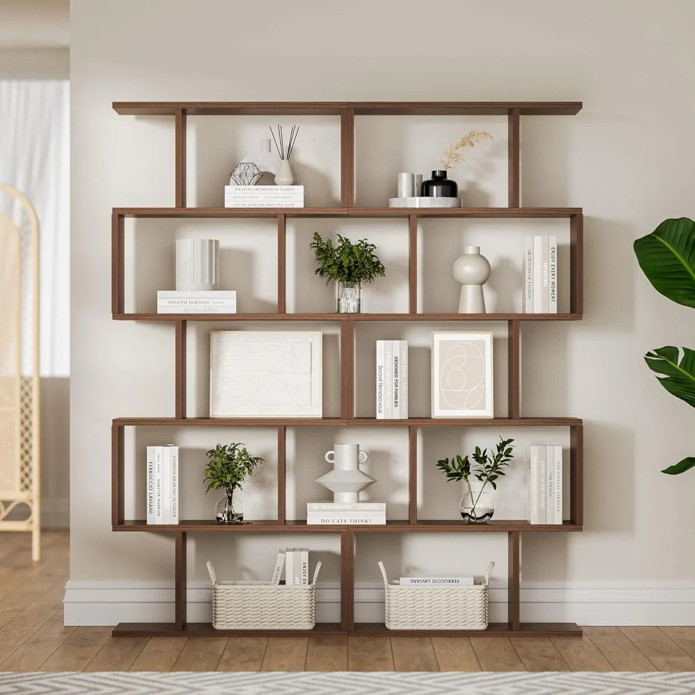 5-Tier Geometric Bookcase, S-Shaped Modern Bookshelf Set of 2, 62.6 Tall Room Divider Book Shelf, Decorative Display Shelf