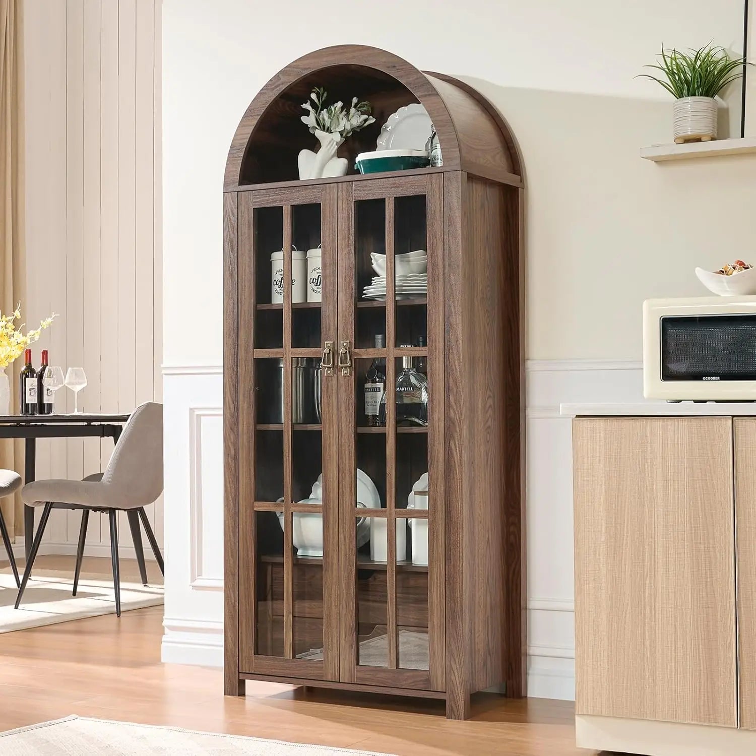 Customized. 71" Tall Arched Kitchen Pantry with Glass Doors, 5 Tier Modern Bookshelf with 2 Drawers, Wooden Storage Cabinet with