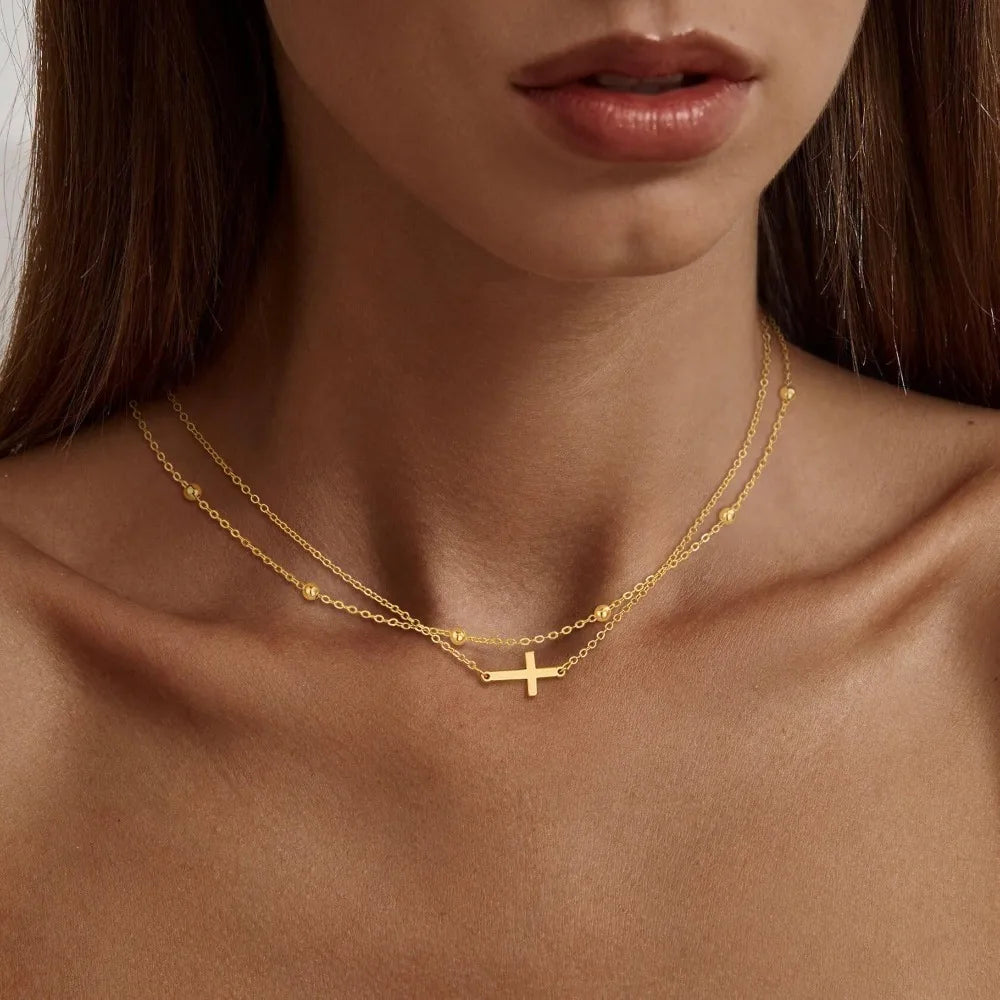 Cross Necklace for Women Dainty 14K Real Silver Gold Plated Layered Cross Pendant Necklace Stack Simple Trendy Cute Charm Choker