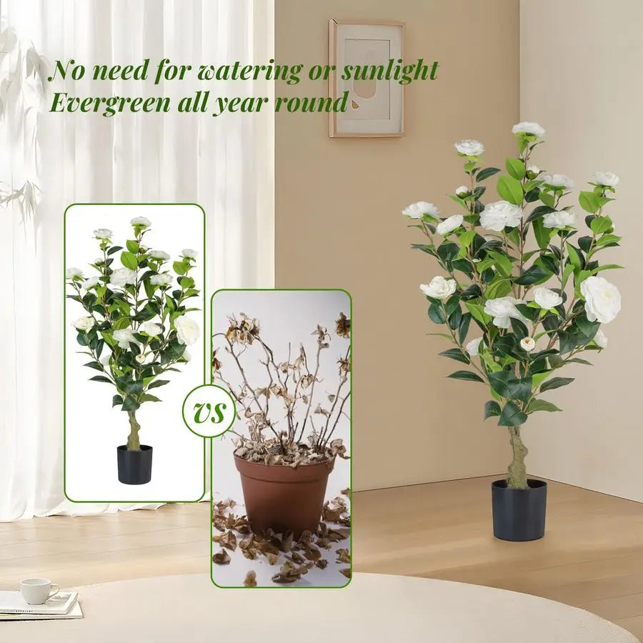 Camellia Tree 2 Pack, 3FT Faux Camellia Plant in Pot, 36 inch Fake Potted Camellia Flower Tree Plastic Camellia Tree for Modern