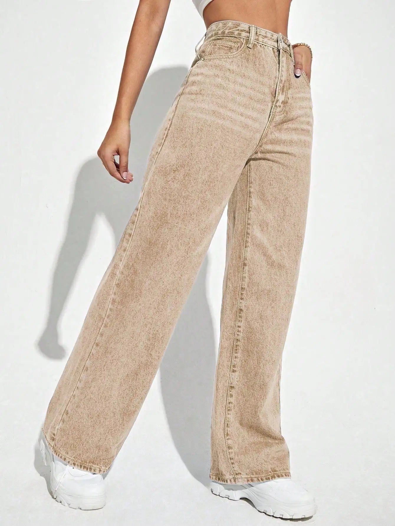 High Waist Wide Leg Jeans for Women, Beige Denim Trousers with Relaxed Fit and Casual Style