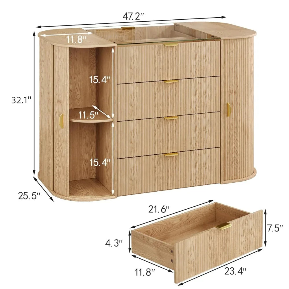 Tambour Closet Island with 8 Drawers & 8 Large Storage Space,Bedroom Armoire Island with Glass Top,Freestanding Wardrobe Closet