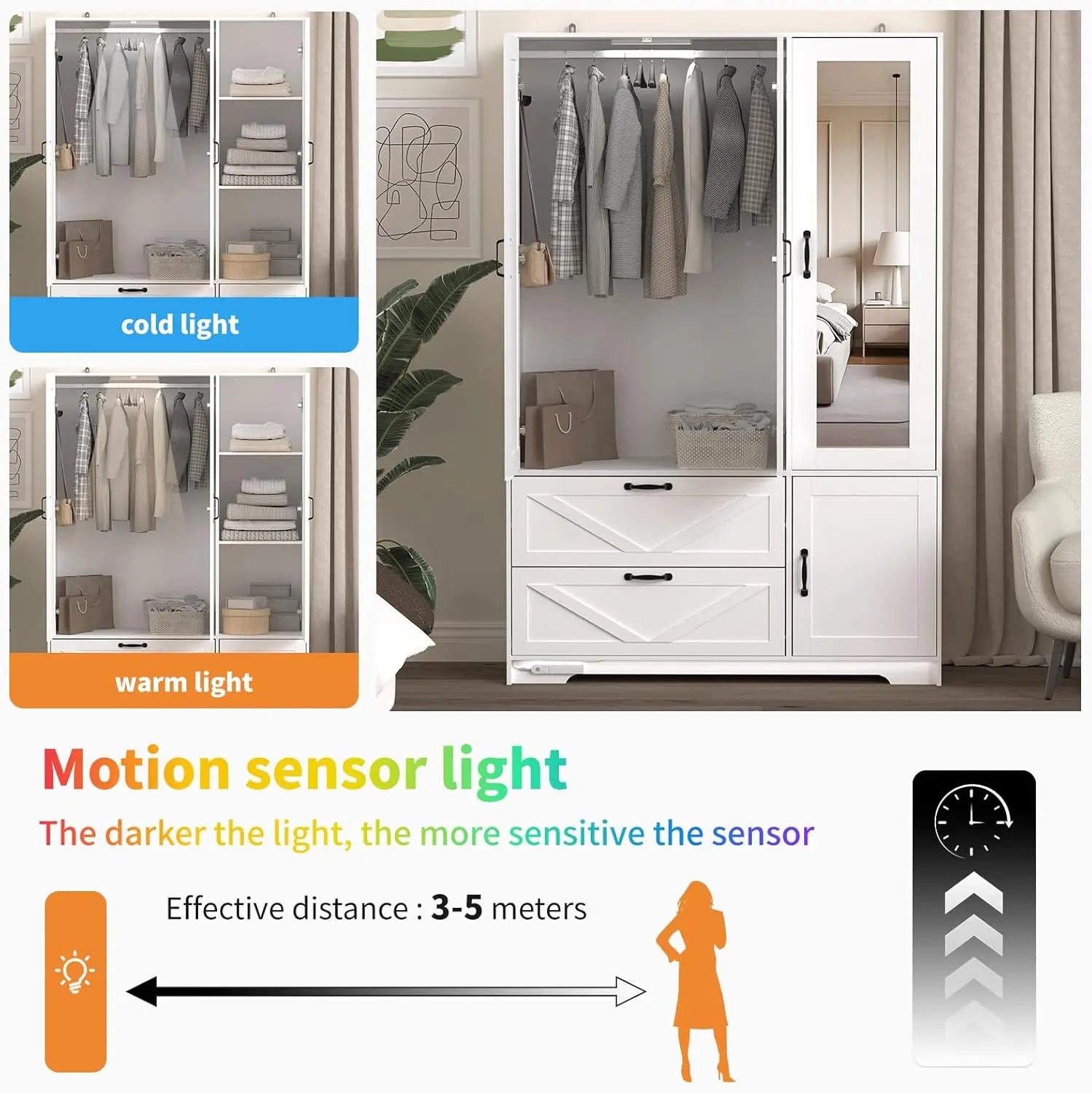 Armoire Wardrobe Closet with Mirror Door & LED Light,3 Doors Bedroom Armoire with Drawers& Adjustable Shelves&Hanging Rods