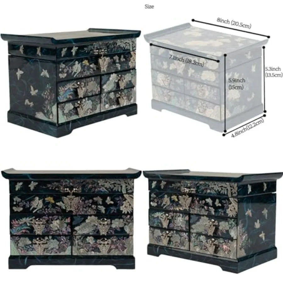 Elegant Mother of Pearl Jewelry Box Handcrafted Wooden Chest with Intricate Butterfly and Crane Designs 4 Drawer Storage and Re