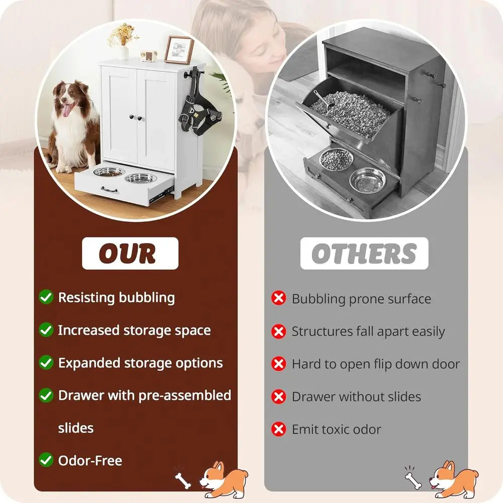 Elevated Dog Bowls Storage Cabinet, Wood Pet Feeder Station Organizer, White