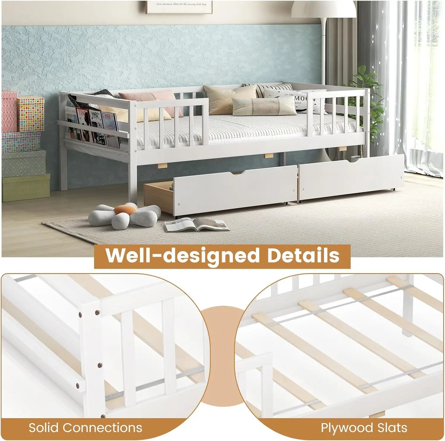 Wood Twin Bed Frame with Fence Rails, 2 Drawers & Side Shelf, No Box Spring Needed, Solid Wood Slats Daybed for Kids and Teens (