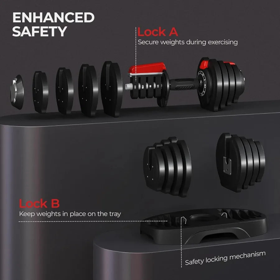 Adjustable Dumbbell Set 28 40 52.5 90LBS Fast Adjust Weight Training Equipment with AntiSlip Handle and Storage Tray for Home G