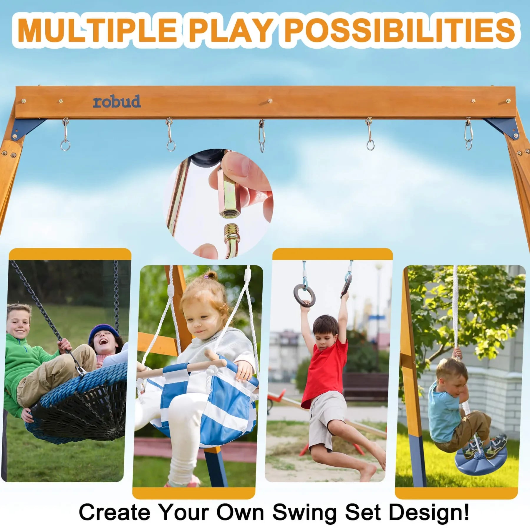 Robotime Robud 3-in-1 Playground Wooden Swing Sets for Backyard DIY Swing Sets with Tree Swing and 2 Toddler Swings for Kids 3+
