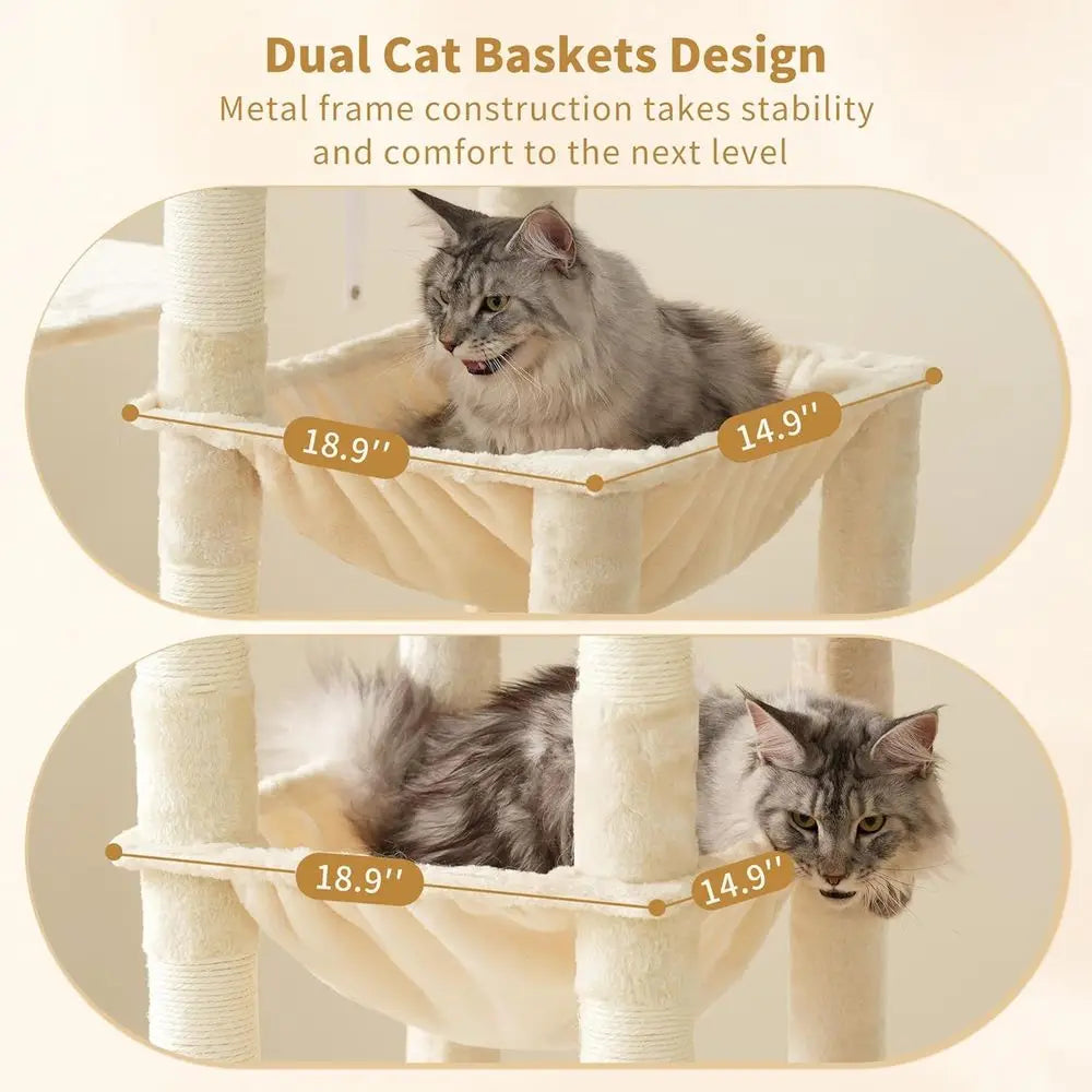 71 High Maine Coon Cat Tower with Large Base, Multi-Level Perches, 2 Hammocks & 12 Scratching Posts, Beige