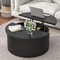 Contemporary 31.6 Inch Lift Top Coffee Table with Concealed Storage, Circular Wooden Fluted Center Table for Living Spaces