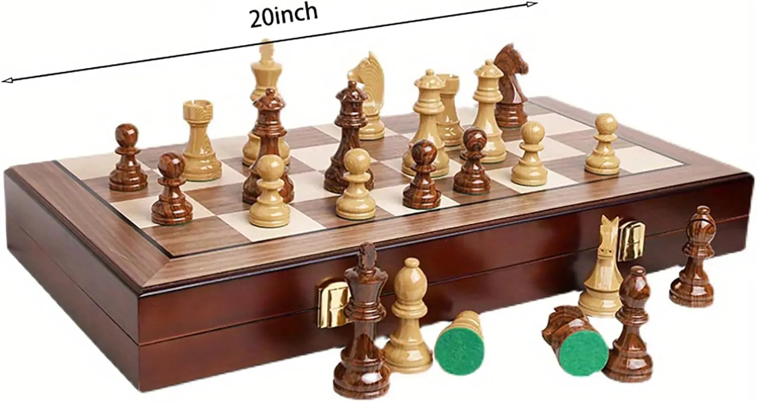 20' Extra Large Folding Chess Set - Walnut Wood Board & Weighted PVC Pieces - Portable Tournament Chess for Adults & Travel