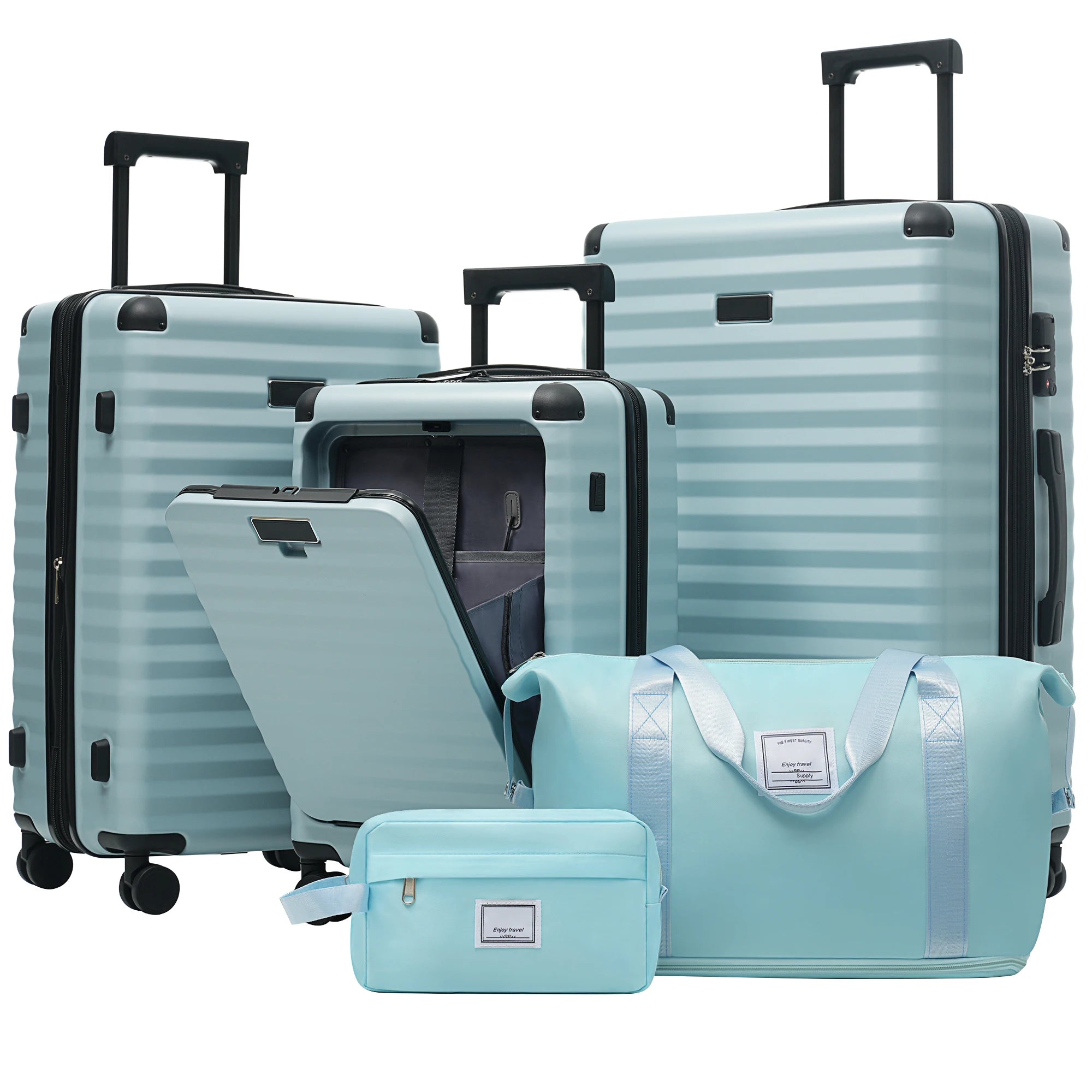 Luggage Sets 5 Piece with Front Opening , Hardside Expandable Carry on Suitcase with Spinner Wheels TSA Lock USB Port Cup Holder